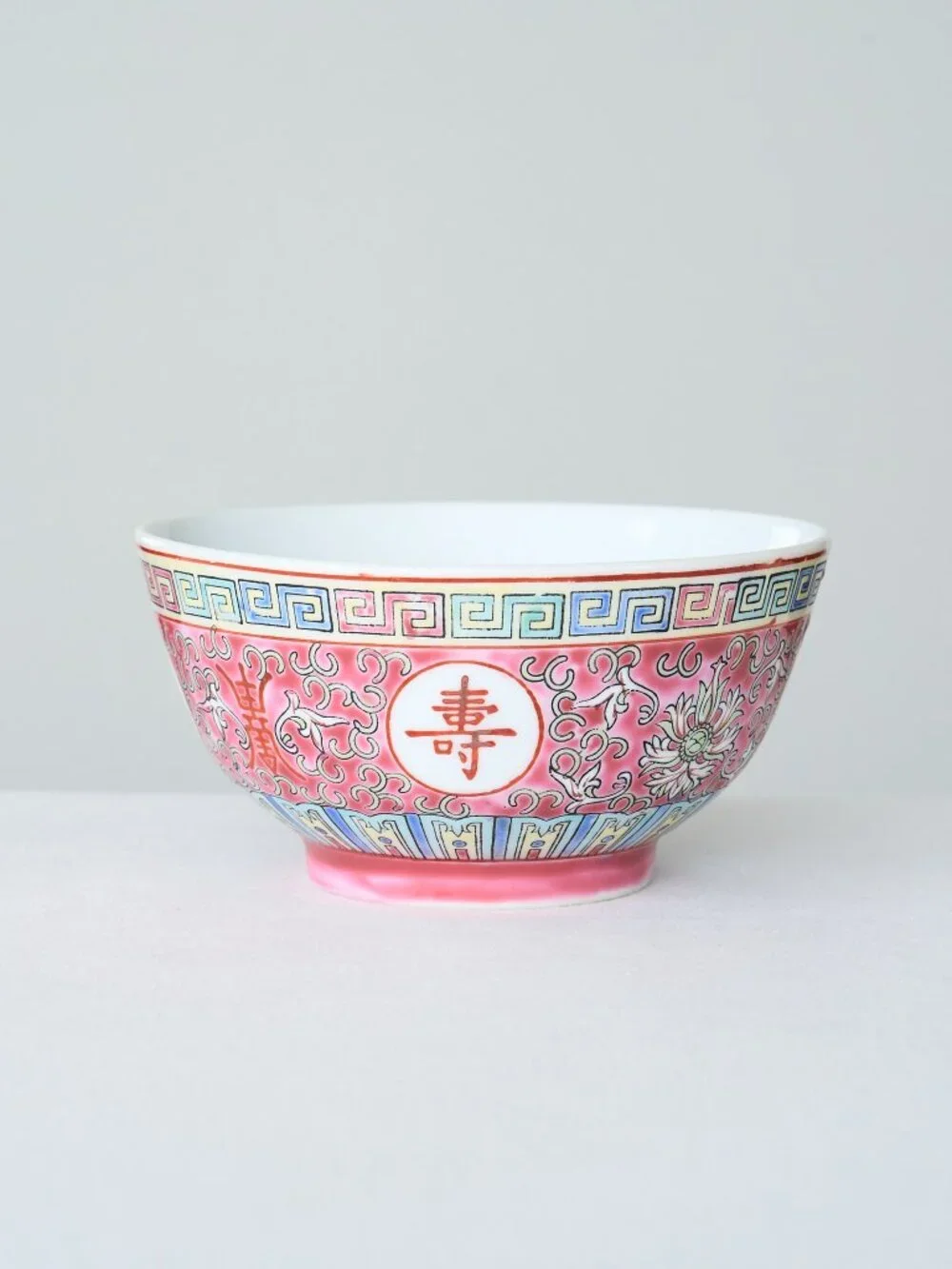 6 Vintage Chinese Mun Shou Famille Rose Rice Bowls Pink Porcelain Greek Key